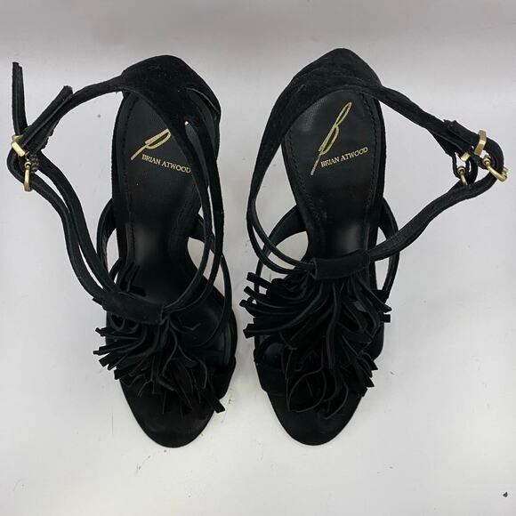 Brian Atwood Black Suede Fringe Gold Stiletto Heels Sz 7 - Picture 4 of 7